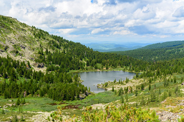 Fototapeta na wymiar View on Fourth Lake of Karakol lakes in Altai Republic. Russia
