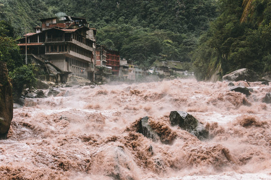 River with raging waters in Aguas Calientes, Peru