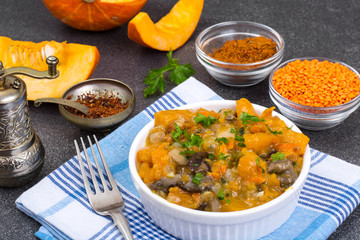 Lentil dishes and pumpkins