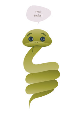 Cute snake isolated on white background and speech balloon. Vector Illustration