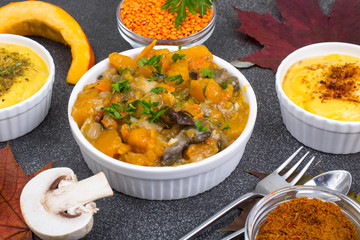 Lentil dishes and pumpkins