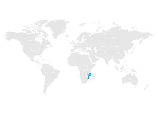 Mozambique marked by blue in grey World political map. Vector illustration.