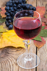 Composition with glass of red wine and grapes on wooden table close-up