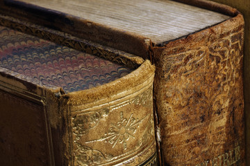 Close-up of old worn leather bound book spines