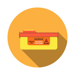 Vector isolated icon of sharps container with detachable lid and sticker with biohazard sign on the orange background with shadow.