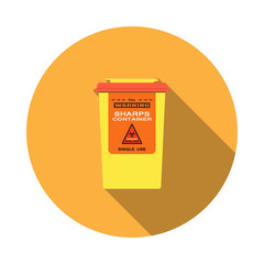 Vector isolated icon of sharps container with hinged lid and sticker with biohazard sign on the orange background with shadow.