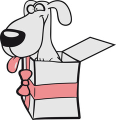 weihnachten geschenk kiste karton geburtstag überraschung party feiern aufgeregt freut sich welpe klein kind warten gehorsam lustig hund süß niedlich haustier comic cartoon