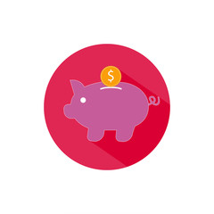piggy bank with money coin round icon long shadow vector