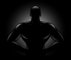 Black Silhouette of muscular sports man, bodybuilder standing with hands on hips, body torso, fitness and health volume icon on a black background. Strength Gym Logo, Athletic man, health-care vector