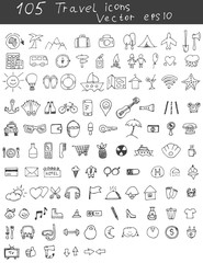 Drawn icons travel doodle set. Vector eps 10.
