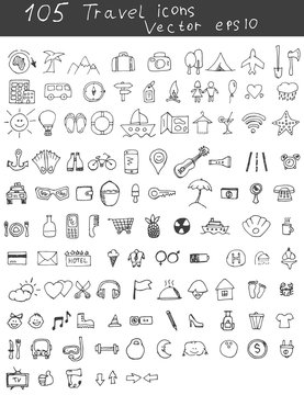Drawn icons travel doodle set. Vector eps 10.