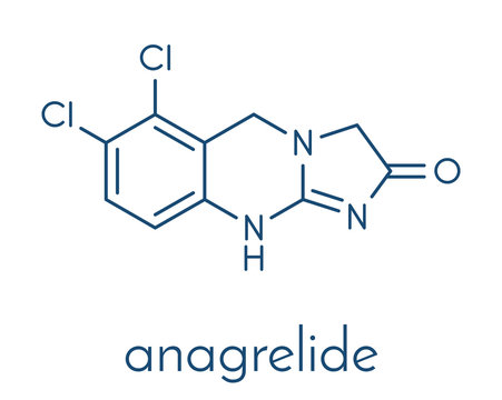 Anagrelide essential thrombocytosis drug molecule. Skeletal formula.