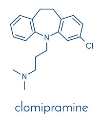 Clomipramine tricyclic antidepressant drug molecule. Used in treatment of depression, obsessive-compulsive disorder, etc. Skeletal formula.