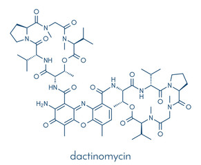 Dactinomycin (actinomycin D) cancer chemotherapy drug molecule. Skeletal formula.
