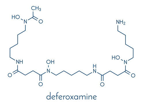 Deferoxamine drug molecule. Used to treat iron poisoning (hemochromatosis). Skeletal formula.