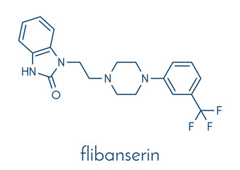 Fototapeta premium Flibanserin sexual desire drug molecule. May be used in treatment of hypoactive sexual desire disorder (HSDD). Skeletal formula.