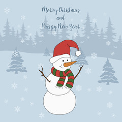 Merry Christmas and Happy New Year. Cartoon greeting card with snowman on the background of a forest, fir-trees, snowflakes. Cute illustration for a postcard, poster,  banner.