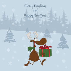 Merry Christmas and Happy New Year. Cartoon greeting card with running deer with a gift on the background of a forest, fir-trees, snowflakes. Cute illustration for a postcard, poster,  banner.