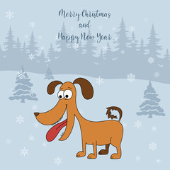 Merry Christmas and Happy New Year. Cartoon greeting card with a dog on the background of a forest, fir-trees, snowflakes. Cute illustration for a postcard, poster,  banner. Easily editable template.