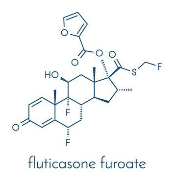 Fluticasone furoate corticosteroid drug molecule. Used in treatment of allergic rhinitis, COPD and chronic bronchitis. Skeletal formula.