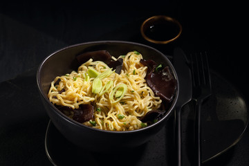 Freshly cooked instant noodles. Asian cuisine