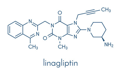 Linagliptin diabetes drug molecule (dipeptidyl peptidase 4 or DPP4 inhibitor). Skeletal formula.