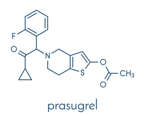 Prasugrel platelet inhibitor drug molecule. Used in treatment of acute coronary syndrome and in the prevention of stent thrombosis. Skeletal formula.