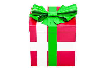 Gift box with flag of Denmark, holiday concept. 3D rendering