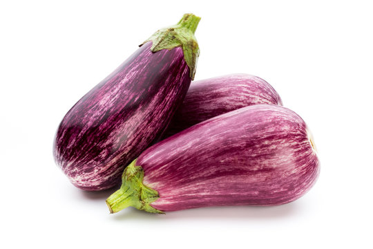 Fresh eggplants, aubergine on a white background.