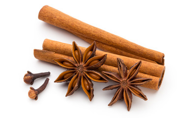 Cloves, anise and cinnamon isolated on white background.