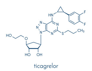Ticagrelor platelet inhibitor drug. Used to prevent thrombosis. Skeletal formula.
