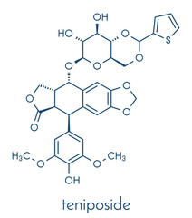 Teniposide cancer drug molecule (topoisomerase II inhibitor). Skeletal formula.