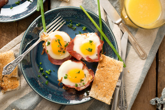 Breakfast: Baked Eggs on Coppa and Hash Browns