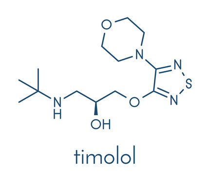 Timolol beta-adrenergic receptor antagonist drug molecule. Used in treatment of glaucoma, migraine, hypertension, etc. Skeletal formula.