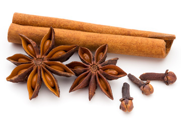 Cloves, anise and cinnamon isolated on white background.