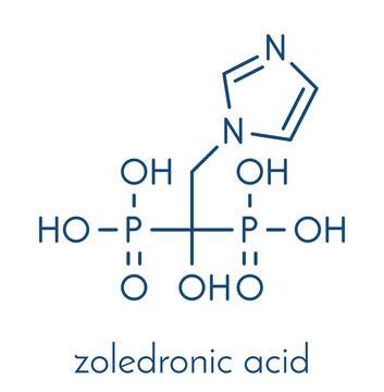 Zoledronic acid (zoledronate) osteoporosis drug molecule (bisphosphonate class). Skeletal formula.