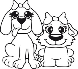team paar 2 freundinnen freunde schwestern girl mädchen frau weiblich hübsch schön welpe sitzen klein kind warten gehorsam lustig hund süß niedlich haustier comic cartoon