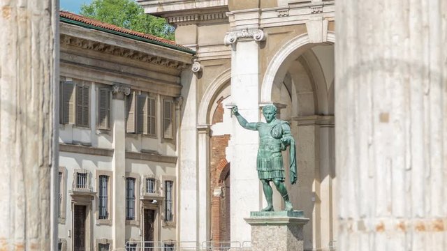 Monument to Roman emperor Constantine I timelapse in Milan, in front of San Lorenzo Maggiore basilica.
