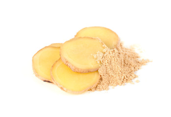 Ginger root and ground ginger isolated on white background. Close up