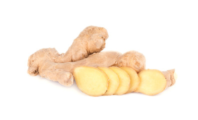Slice of fresh ginger isolated on white background. Close up