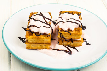 Viennese waffles with cream, chocolate and fruit