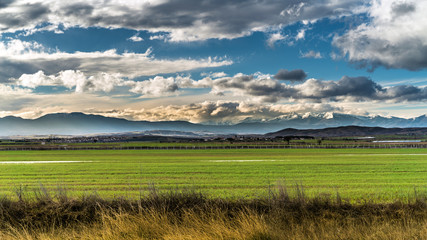 Fototapeta premium CountrySide Landscape with green Field and Mountains,