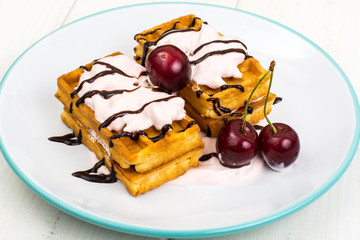 Viennese waffles with cream, chocolate and fruit