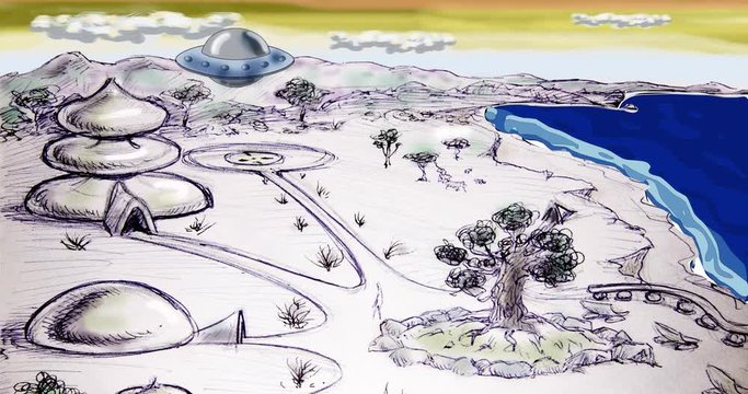 sci-fi world with alien flying starship Cartoon animation