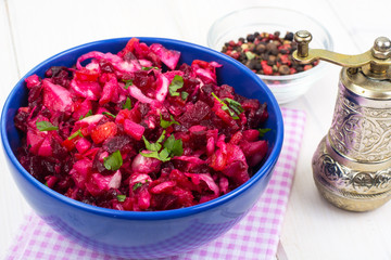 Vegetarian menu. Beetroot salad from boiled vegetables