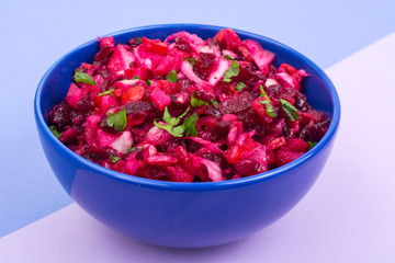 Vegetarian menu. Beetroot salad from boiled vegetables