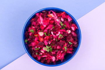 Vegetarian menu. Beetroot salad from boiled vegetables