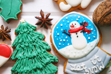 Gingerbread cookies with frosting decorated for Christmas
