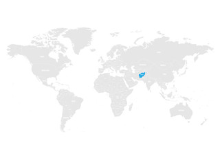 Afghanistan marked by blue in grey World political map. Vector illustration.