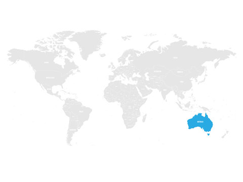 Australia marked by blue in grey World political map. Vector illustration.